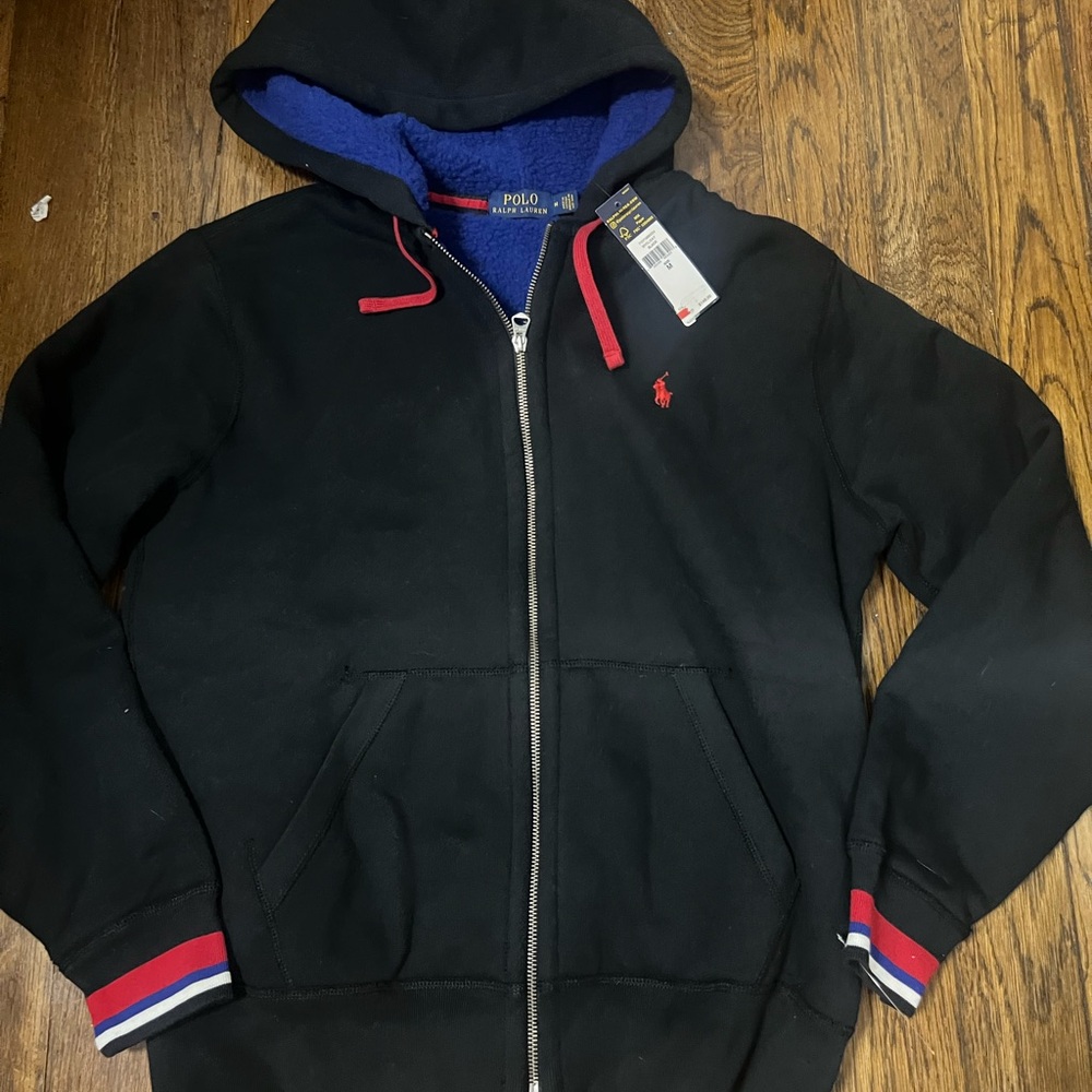 Ralph Lauren Black Hoodie with Red Accents and Blue Fleece Lining